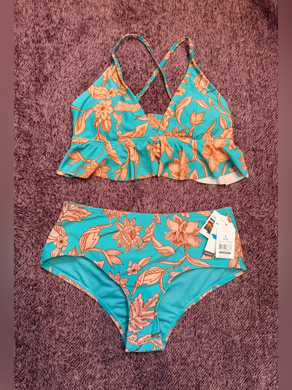 Floral Ruffle V-Neck Bikini Set - Turquoise & Peach